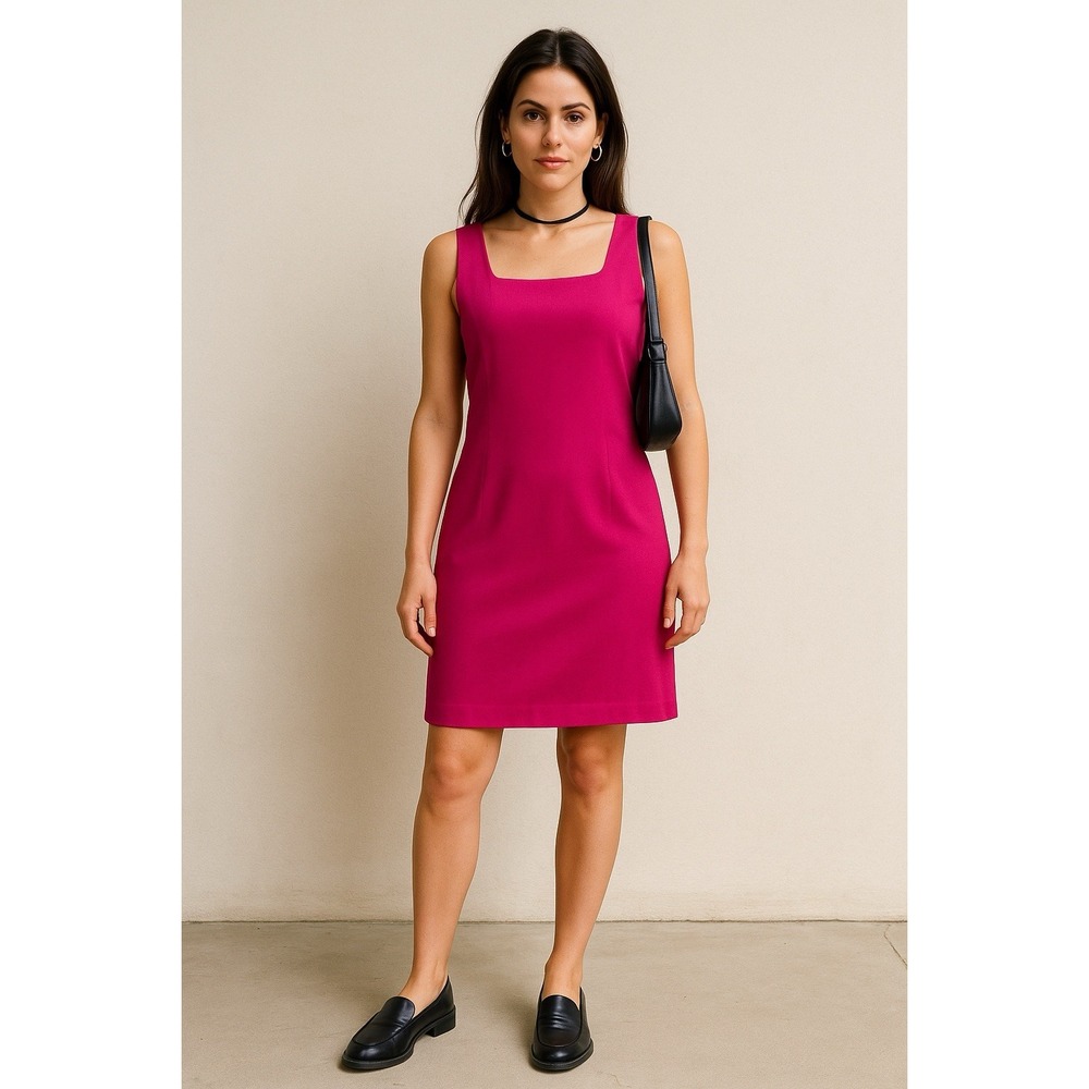 Vtg 90s Casual Corner Hot Pink Silk Mini Dress Sz 8 Square Neck Sleeveless Clean